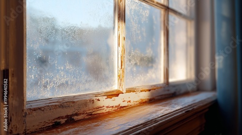 Sunlit old window with fogged new glass pane set in worn wooden frame, suggesting window replacement and energy efficiency upgrade.