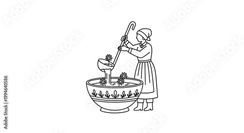 Traditional Woman Stirring Soup in a Large Decorative Bowl.