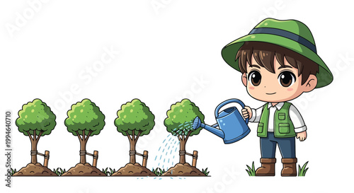 Cartoon Boy Watering Saplings With Blue Watering Can.