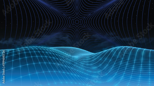 Digital landscape. Cyber wireframe landscape with blue mesh grid, wavy terrain and glowing topographical surface. Futuristic 3D net topography, data flow waves, virtual ocean vector background