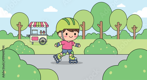 Cartoon girl roller skating character in motion.