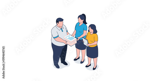 Three people receiving a package in an isometric illustration.