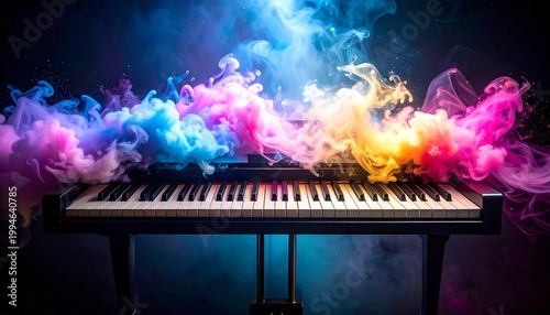 ピアノの鍵盤から音がカラフルな煙として立ち昇る超現実的なアート