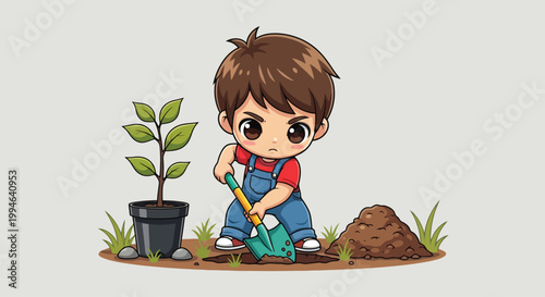 Cute Child Gardener Planting Seedling Illustration.
