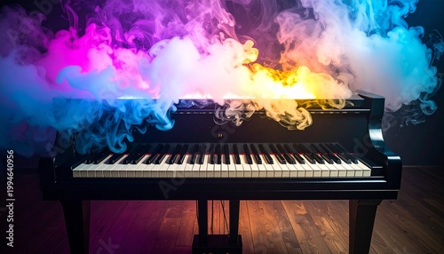 ピアノの鍵盤から音がカラフルな煙として立ち昇る超現実的なアート