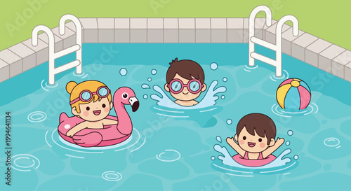 Children swimming in pool with inflatable floats.