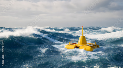 Harnessing waves with yellow buoy in stormy sea