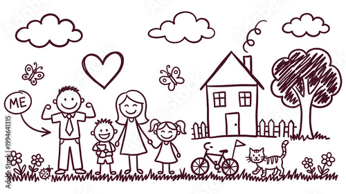 Childlike drawing of happy family and house with garden.