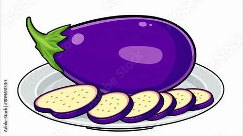 ​Fresh eggplant and slices on a plate illustration, organic purple aubergine vegetable isolated on white background