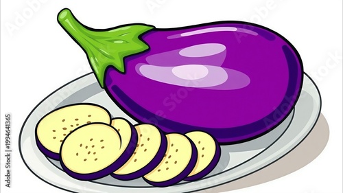 ​Fresh eggplant and slices on a plate illustration, organic purple aubergine vegetable isolated on white background