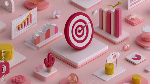 3D marketing dashboard with target and analytics on pink desk