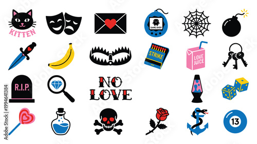 Collection of quirky icons kitten masks envelope bomb dice lava lamp bottle.