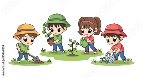 Group of children planting trees together.