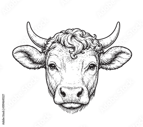 Detailed black and white line art illustration of a cow head facing forward, featuring curved horns, textured fur, and expressive eyes. Engraving style with clean outlines, isolated on a light