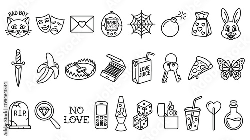 Outline icons kitten masks envelope bomb dice lava lamp pizza butterfly.