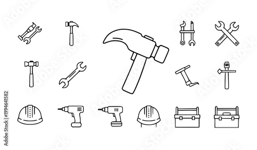 Construction tools outline icons vector set with hammer drill wrench and safety equipment isolated on white background