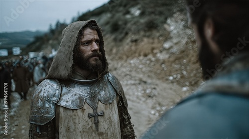 Crusader knight in hooded armor gazing intently on rugged mountain path. Bearded medieval warrior with cross emblem amid marching soldiers. Historical warfare and chivalry concept.