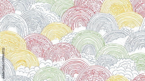Colorful hand-drawn clouds and arches in a whimsical pattern for cheerful artistic backgrounds