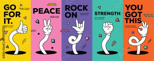 Set of Five Colorful Motivational Posters Featuring Cartoon Gloved Hands Making Hand Signs with Bold Typography and Memphis Style Geometric Elements for Positive Branding