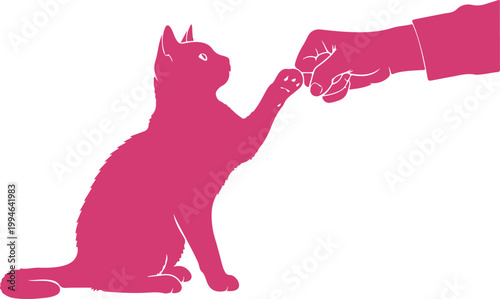 Person gently petting a sitting black kitten with extended paw reaching out for touch