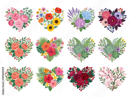Vector illustrations of diverse heart-shaped floral arrangements, perfect for romantic and celebratory designs