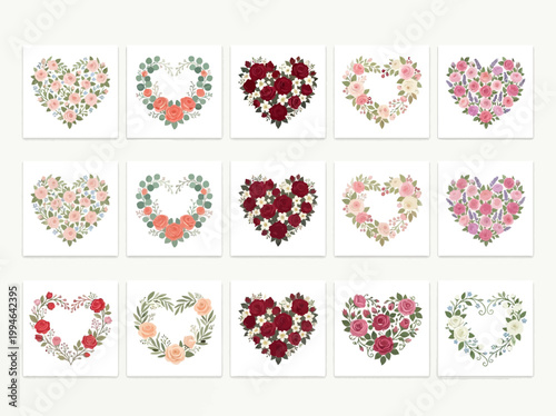 Beautiful vector heart shapes adorned with a variety of colorful flowers and greenery, perfect for romantic and celebratory designs