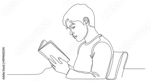 Canvas-taulu Minimalist line art of a young person engrossed in reading a book, sitting at a desk