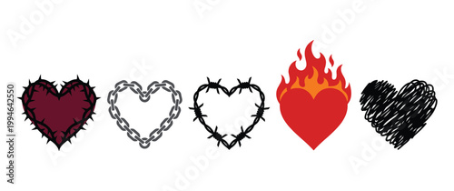 Heart shapes with symbols of pain love and connection grief.