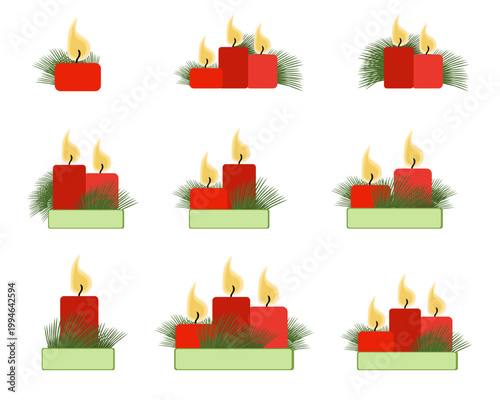 Vector flat illustration set of red Christmas candles decorated with green pine branches for design