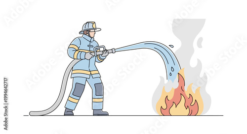 Firefighter spraying water on flames.