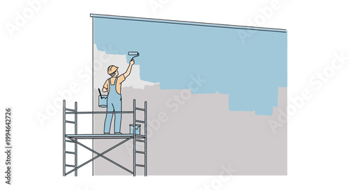 Man on scaffolding painting wall high.