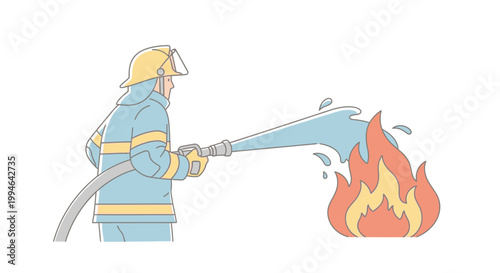 Firefighter spraying water on flames.