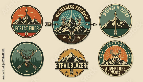 Vintage outdoor adventure badges and labels.