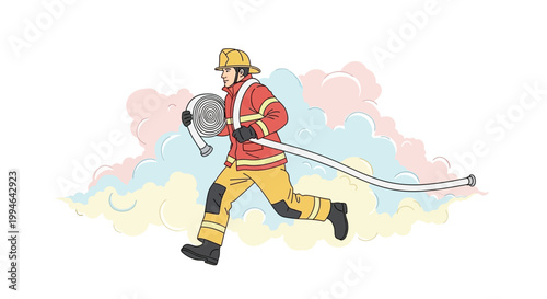 Firefighter Running With Fire Hose Equipment.