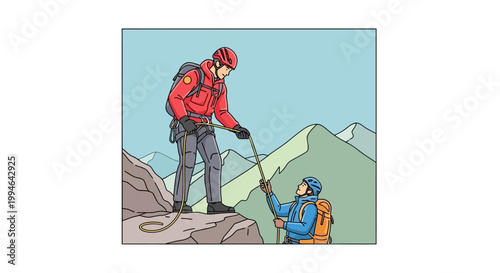 Man helping friend on mountain peak.