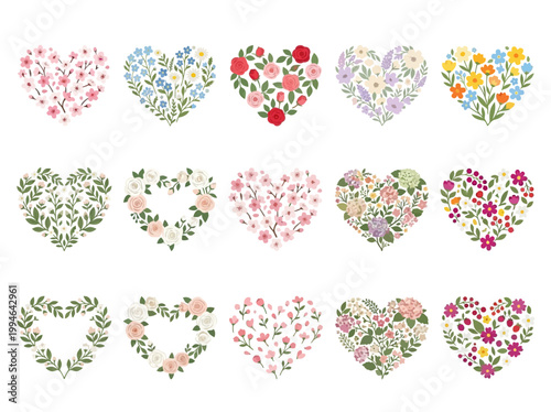 Charming vector collection of floral heart illustrations, celebrating love with delicate flowers and vibrant blossoms