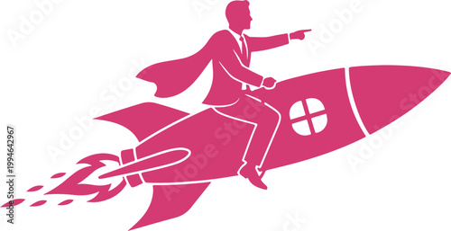 Creative illustration of a business professional riding a rocket ship with flames for dynamic inspiration concept