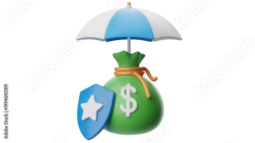 3d illustration of a green money bag with dollar sign protected by umbrella and shield isolated on transparent background