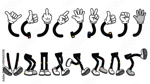 Cartoon character parts vector set with hands and legs isolated on white.