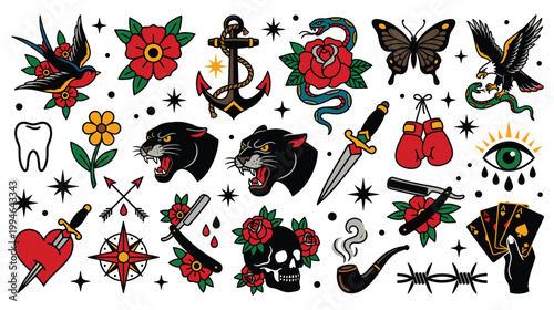 Old school traditional tattoos vector flash set in full color designs.