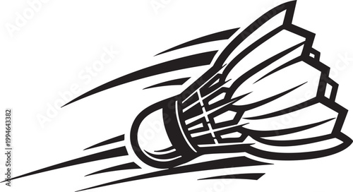 A black and white image of a shuttlecock in motion