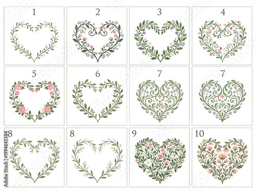 Heart shaped floral vector illustration collection, elegant floral elements for design projects