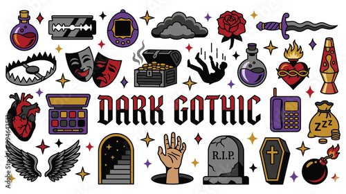 Dark gothic style icons set on white background vector.