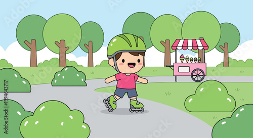 Young Child Roller Skating Wearing Protective Helmet.