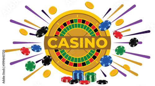 Casino roulette wheel background with flying colorful gambling chips.