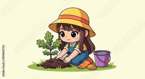 Young girl planting a sapling in a garden.