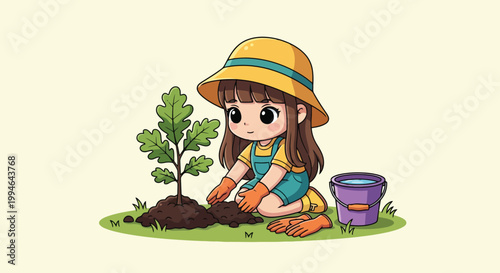 Young Girl Planting Sapling with Care.