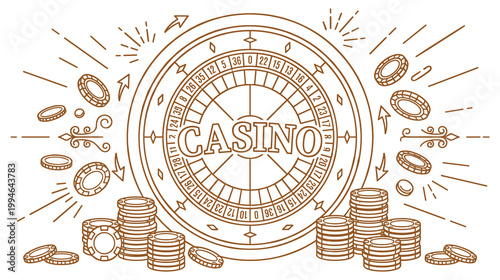 Gambling industry line art banner with roulette wheel and poker coin.