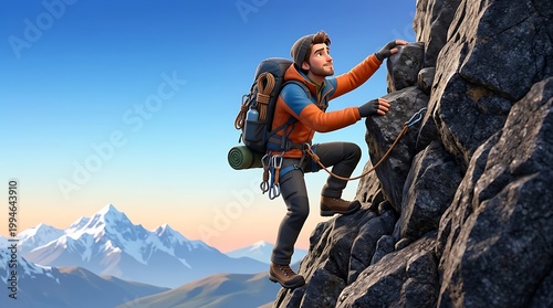 Cartoonstyle hiker climbing a steep, rugged mountain cliff at sunrise