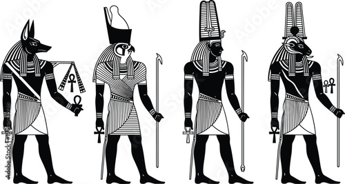 Detailed Black Silhouette Collection of Ancient Egyptian Gods Including Anubis and HorusDetailed Black Silhouette Collection of Ancient Egyptian Gods Including Anubis and Horus